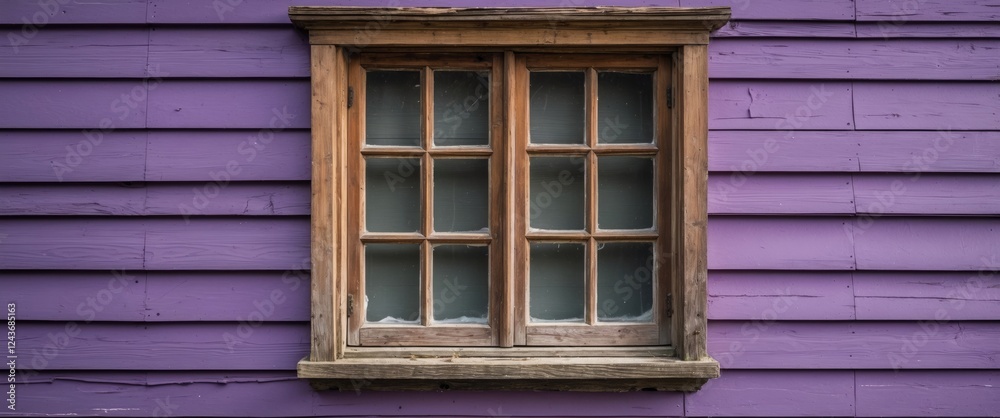 Old wood framed window on purple weatherboarding highlighting rustic charm and vintage architecture in a unique color setting. Old wood framed window on purple weatherboarding highlighting rustic charm and vintage architecture in a unique color setting.