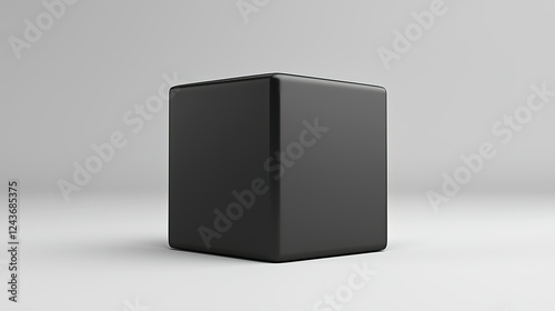 A single black cube sits on a white background