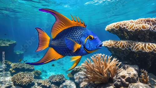 Fototapeta Naklejka Na Ścianę i Meble -  Vibrant parrotfish swimming near a coral reef in crystal clear tropical waters showcasing stunning colors and patterns of marine life.