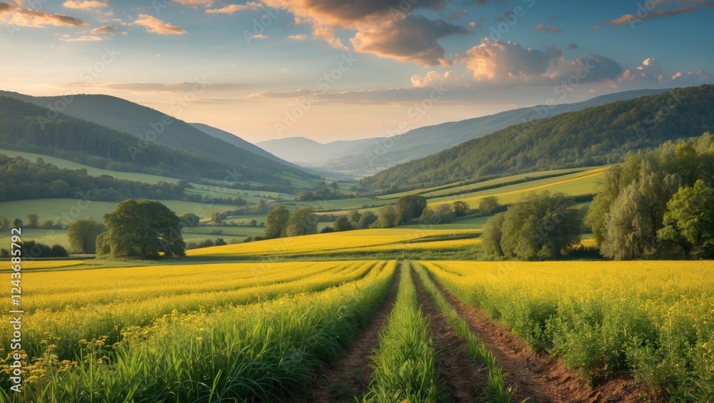 Obraz premium Vibrant Summer Landscape with Rolling Hills and Golden Flower Fields Under a Dramatic Sky at Sunset
