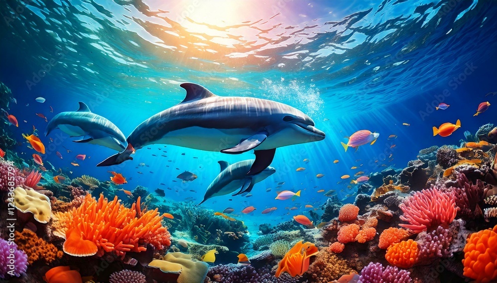Fototapeta premium scene with playful dolphins and colorful fish 