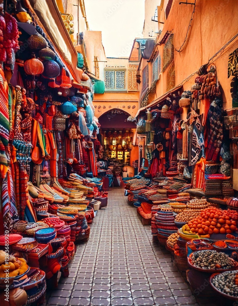 Obraz premium Moroccan bazaar filled with colorful stalls 