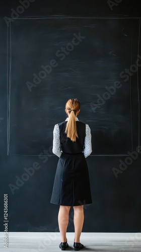 Woman standing before blank blackboard in classroom, contemplating creative teaching methods or project ideas photo