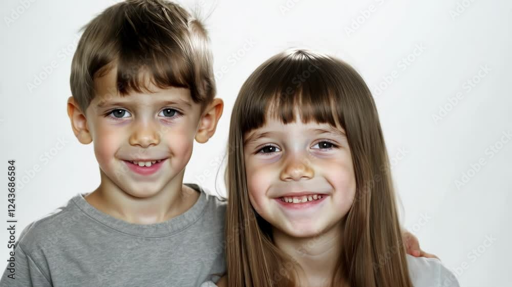 Two smiling children facing the camera, exuding happiness and innocence. Ideal for themes of childhood, family moments, and joyful expressions. Two smiling children facing the camera, exuding happiness and innocence. Ideal for themes of childhood, family moments, and joyful expressions.