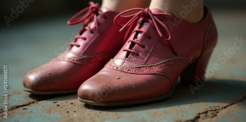 Close-up of worn dance shoes, dust & scuff marks, rhythm, texture, leather