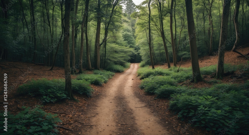 Serene Hiking Path Through Lush Green Forest Surrounded By Vibrant Foliage And Sunlight Filtering Through The Trees Serene Hiking Path Through Lush Green Forest Surrounded By Vibrant Foliage And Sunlight Filtering Through The Trees