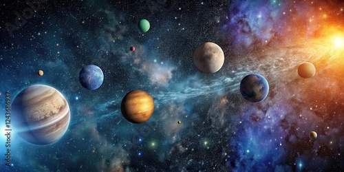 Celestial bodies floating in dark space, stars, celestial body, stars, celestial body, galaxy