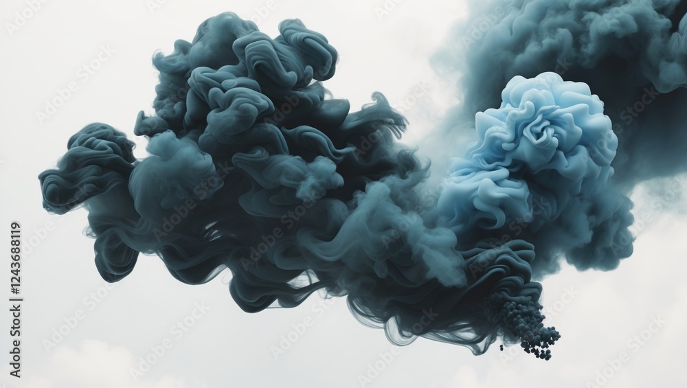 Dynamic abstract swirl of black and blue smoke on a white background creating a striking visual impact for artistic and design projects.