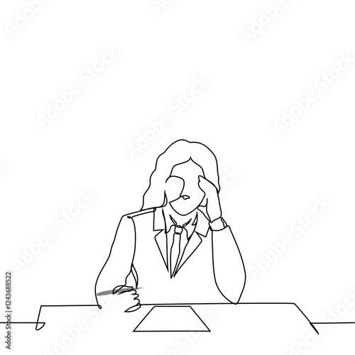 woman in business suit sitting at table in front of paper holding pen and supporting forehead with other hand - one line art vector