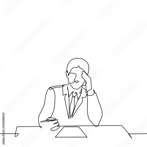 man in business suit sitting at table in front of paper holding pen and supporting forehead with other hand - one line art vector