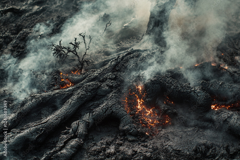 Fire in the forest after a volcanic eruption. The trees are burning Fire in the forest after a volcanic eruption. The trees are burning