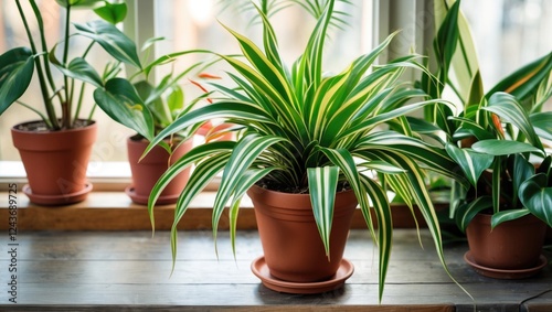 Vibrant spider plant Chlorophytum comosum in a terracotta pot on a wooden windowsill surrounded by lush greenery. Perfect for home decor.