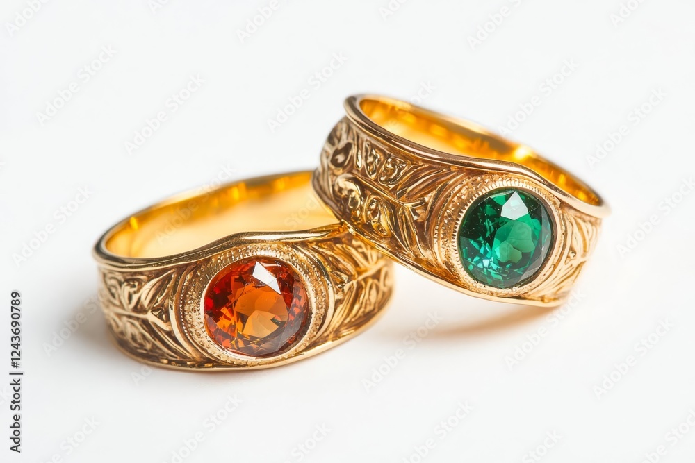 Two antique men's gemstone rings on white background. Two antique men's gemstone rings on white background.