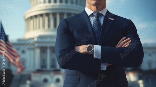 closeup of a man in suit with white house background