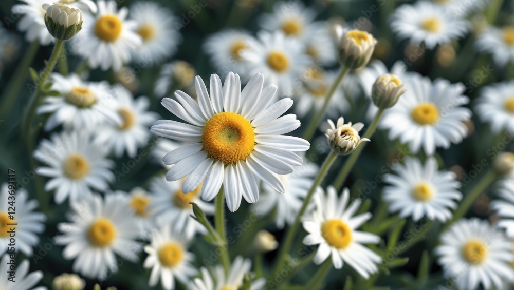 Fototapeta premium Close-up view of a white daisy flower surrounded by a field of daisies with ample copy space for text or design use.