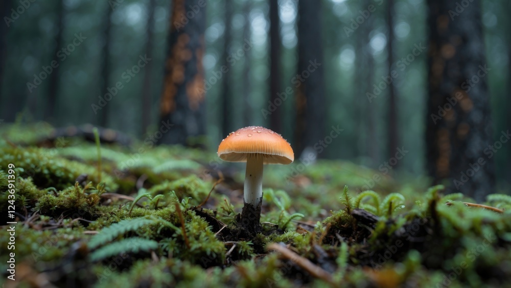 Tiny Mushroom Emerges from Mossy Forest Floor in a Dark Coniferous Setting with Copy Space for Text or Background Design Tiny Mushroom Emerges from Mossy Forest Floor in a Dark Coniferous Setting with Copy Space for Text or Background Design