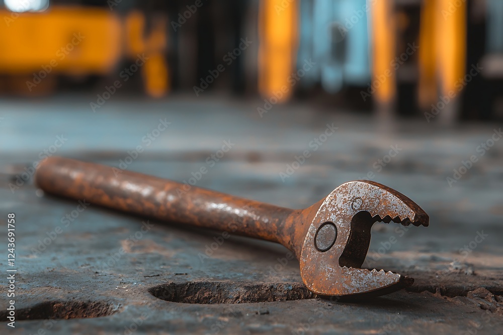 A rusty wrench rests on a concrete floor, showcasing wear and age in a workshop setting. A rusty wrench rests on a concrete floor, showcasing wear and age in a workshop setting.