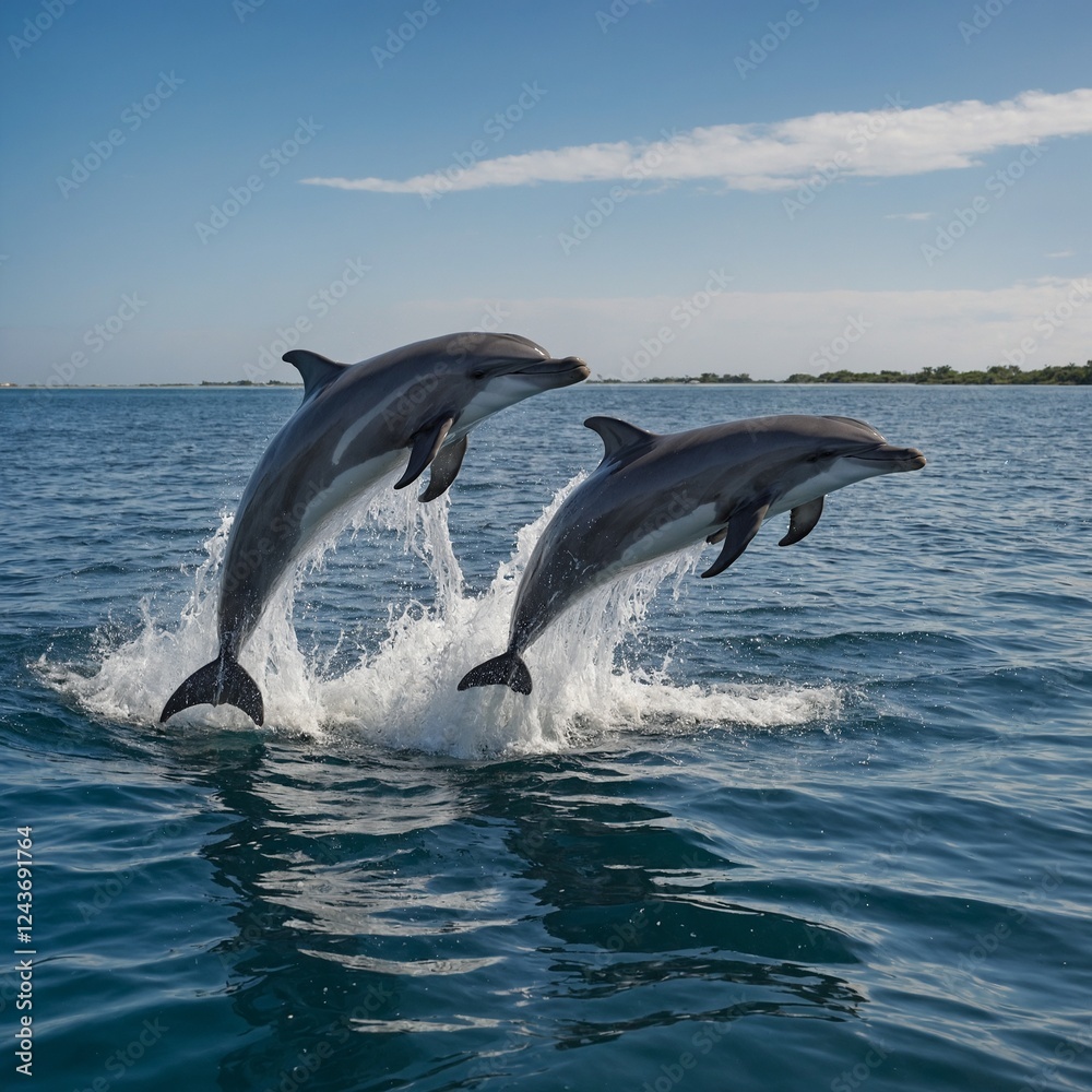 Fototapeta premium A group of playful dolphins leaping out of the water in synchronized motion.