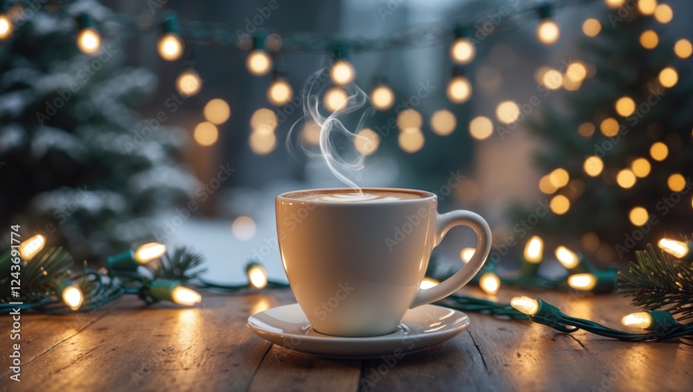 Fototapeta premium Cozy cup of coffee with steam on wooden table illuminated by festive Christmas lights in a soft winter evening atmosphere