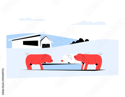 Pigs Drinking Water Near Barn In Flat Vector Illustration Symbolizing Livestock Farming, Rural Life, And Sustainable Agriculture, Isolated On White Background