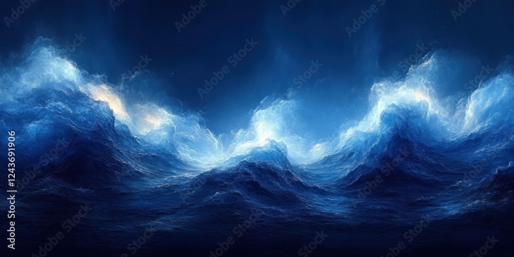 Fototapeta premium Serene Abstract Impressionism Navy Blue Waves with Light Reflections and Fluid Motion Background