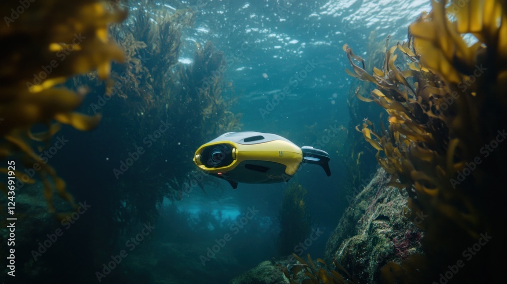 Fototapeta premium Underwater drone exploring kelp forest.