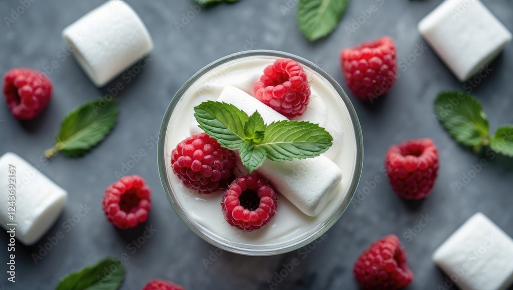 Delicious Yogurt Dessert with Marshmallows and Raspberries Garnished with Fresh Mint Leaves on a Dark Background with Space for Text Delicious Yogurt Dessert with Marshmallows and Raspberries Garnished with Fresh Mint Leaves on a Dark Background with Space for Text