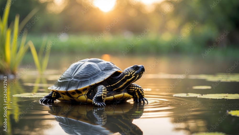Fototapeta premium Turtle basking in morning sunlight by the pond surrounded by lush greenery and calm water reflections. Peaceful nature scene.