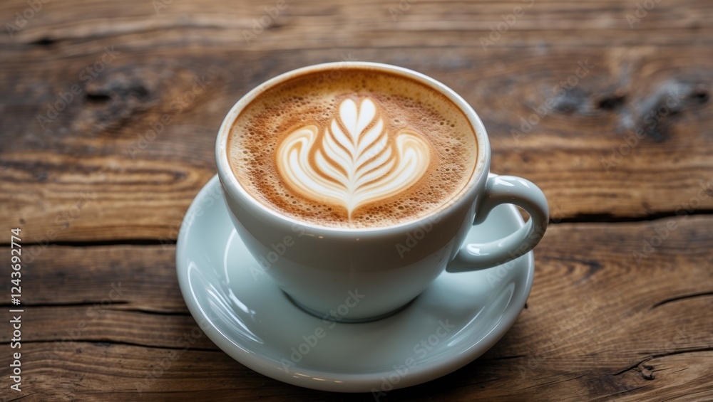 Obraz premium Creamy latte art in an elegant white cup resting on a rustic wooden table showcasing the beauty of artisan coffee craftsmanship