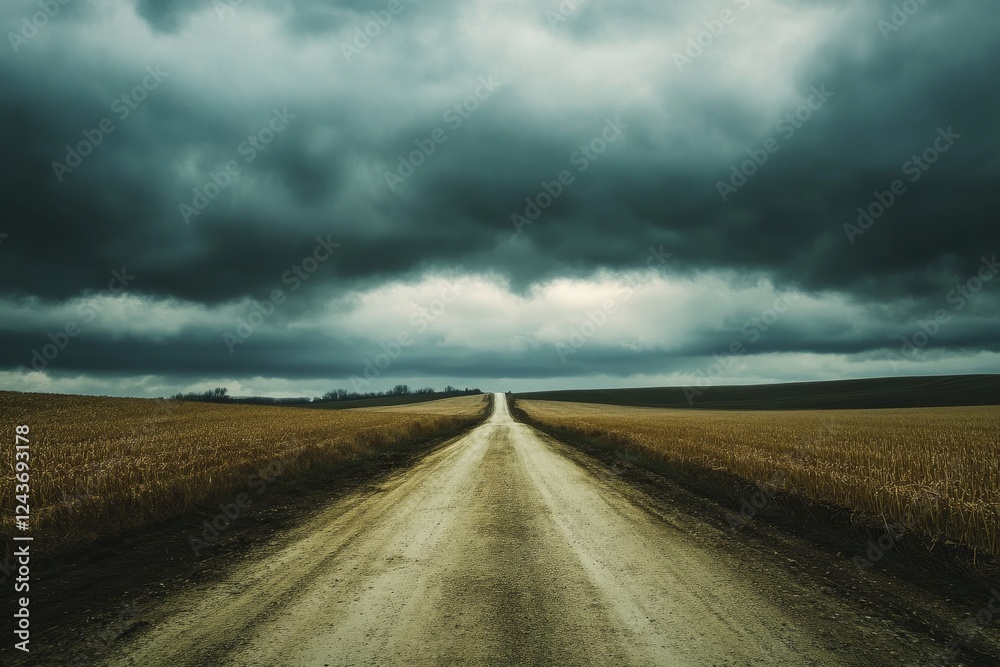 Rural dirt road vanishing under stormy sky, field backdrop Rural dirt road vanishing under stormy sky, field backdrop
