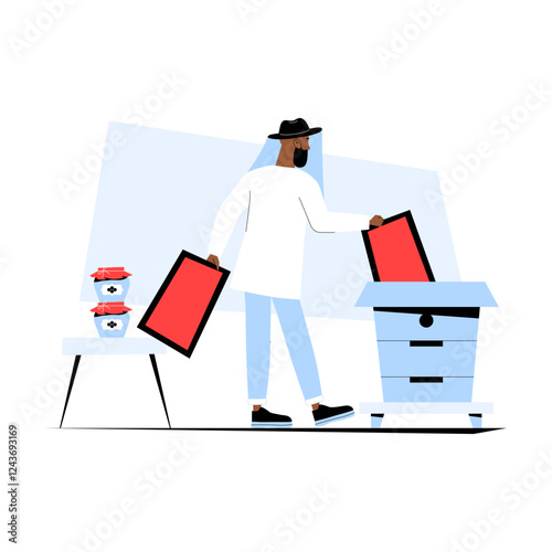 Beekeeper With Beehive in Flat Vector Illustration Symbolizing Beekeeping, Honey Production, and Sustainable Farming, Isolated on White Background