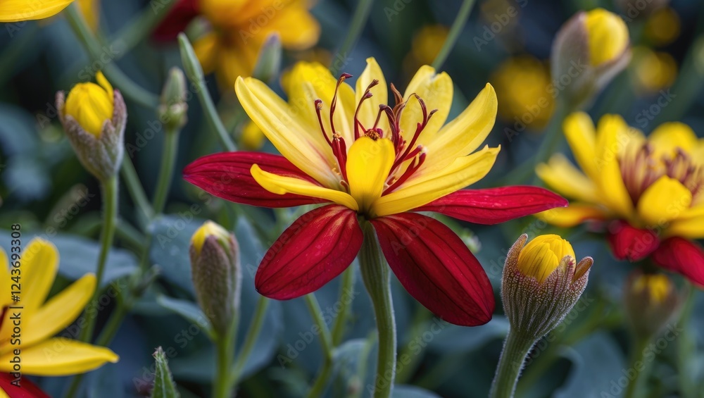 Vibrant close-up of a striking yellow and red flower surrounded by lush green foliage in a beautiful garden setting. Vibrant close-up of a striking yellow and red flower surrounded by lush green foliage in a beautiful garden setting.