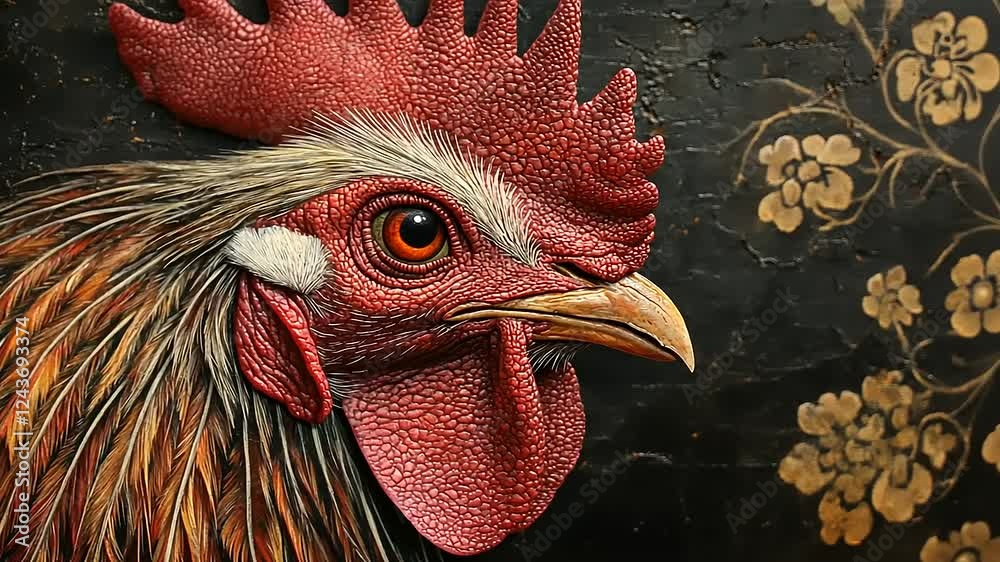 Impasto Rooster Portrait Against a Dark Floral Background