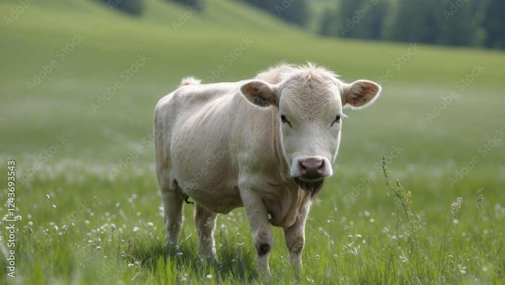 Calf Grazing in Lush Green Meadow Under Bright Natural Light on a Peaceful Rural Landscape