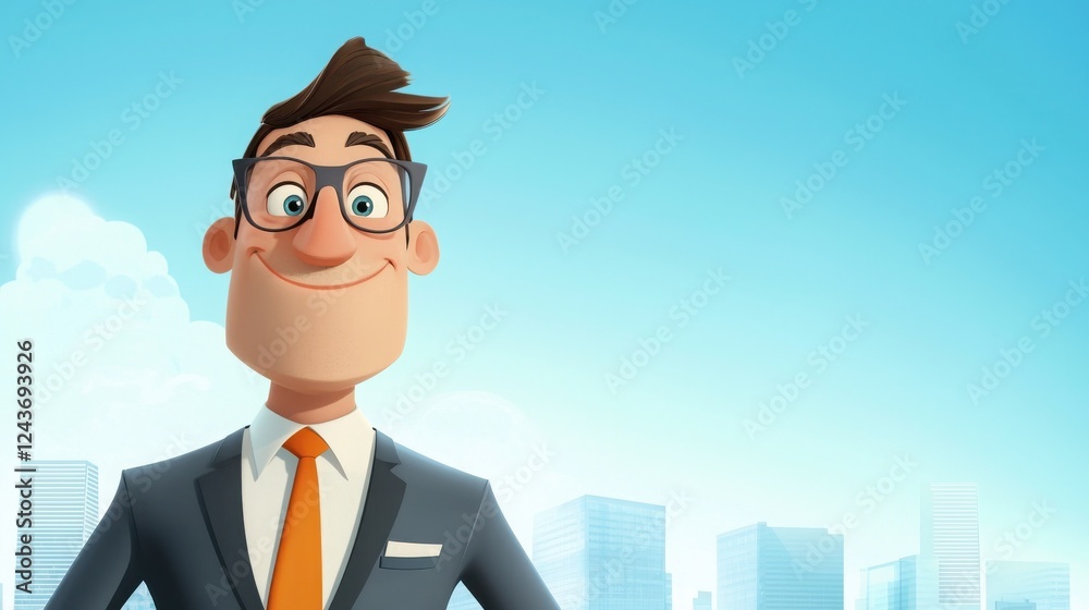 Professional cartoon character in bright suit and tie city background animation urban environment cheerful concept Professional cartoon character in bright suit and tie city background animation urban environment cheerful concept