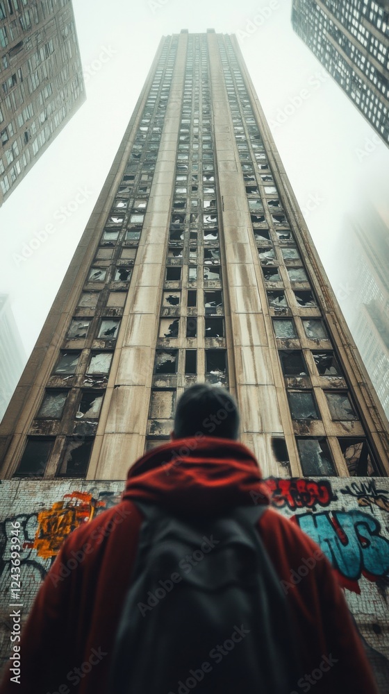 Urban exploration captures a lone figure gazing up at a decaying skyscraper in a foggy cityscape Urban exploration captures a lone figure gazing up at a decaying skyscraper in a foggy cityscape