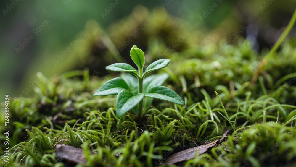 Vibrant green plant emerging from lush moss showcasing resilience and new beginnings in a serene natural setting.