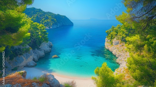 The stunning Blue Lagoon of Kastani beach on the island of Skopelos in Greece, with its turquoise water and lush greenery, is an amazing place to explore during your vacation photo