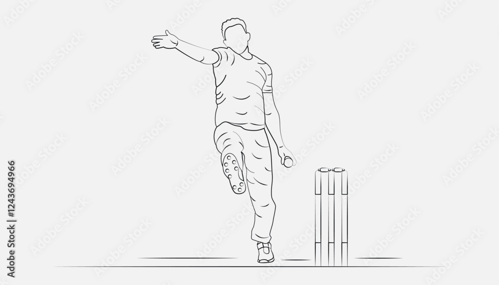 Fototapeta premium Concept of Run Out Playing Cricket - championship, Line art design Vector illustration. 