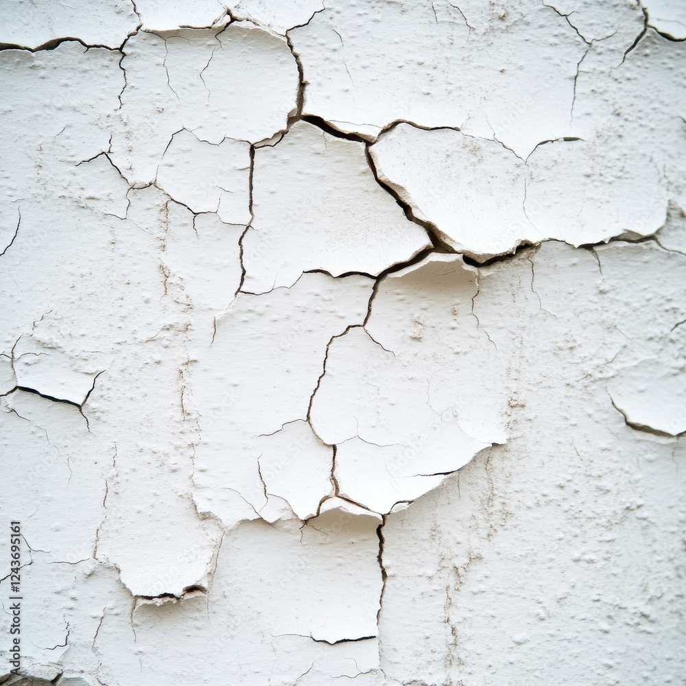Obraz premium A close-up of cracked, peeling white paint on a textured surface, revealing an aged and weathered appearance.