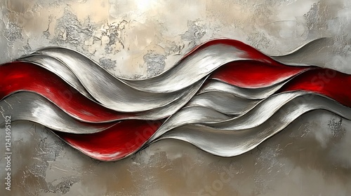 Textured abstract painting with flowing lines in silver and red representing the strength and endurance of a lifelong partnership set against a muted taupe background 