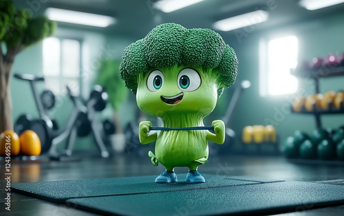 A broccoli character using resistance bands, funny workout scene, sleek gym interior, glowing green tones, ultradetailed, motivational yet comedic fitness inspiration photo