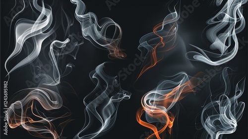 Abstract smoke swirls in white and orange hues against a dark background