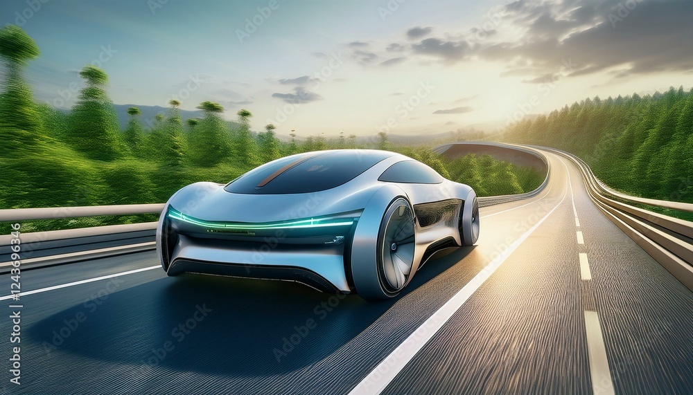 Naklejka premium Futuristic Self-Driving Electric Car Racing on Highway, 8K Cinematic Rendering / 高速道路を駆け抜ける未来の自動運転EVカー、8Kシネマティックレンダリング