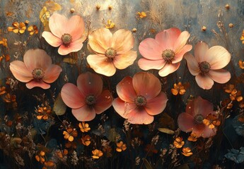 Seamless border of watercolor wildflowers in orange and pink with branches leaves twigs and greenery on white background