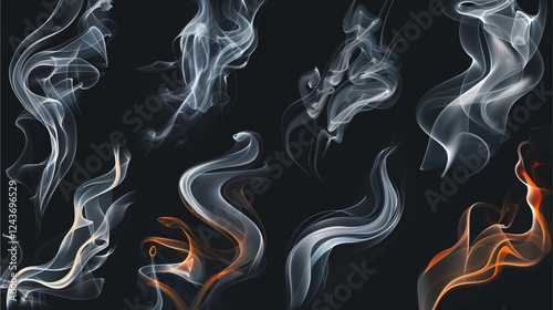 Abstract smoke shapes in white, gray, and orange against a black background. Perfect for design and overlay purposes. The smoke swirls and flows, creating a sense of mystery and intrigue.  