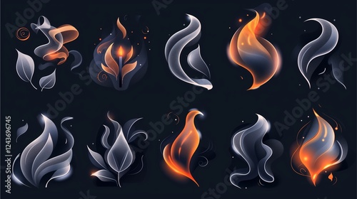 abstract flames in various shapes and sizes set against a dark background, evoking a sense of magic and mystery. The flames are stylized, with soft edges and glowing hues.