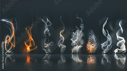 a collection of eight abstract fire and smoke designs, with reflective surfaces for a mirrored effect. Each design features a unique pattern and texture.
