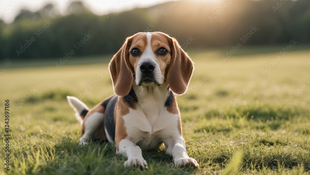 Beagle dog relaxing in sunlit grassy field with empty space for text ideal for pet-related content or advertisements. Beagle dog relaxing in sunlit grassy field with empty space for text ideal for pet-related content or advertisements.