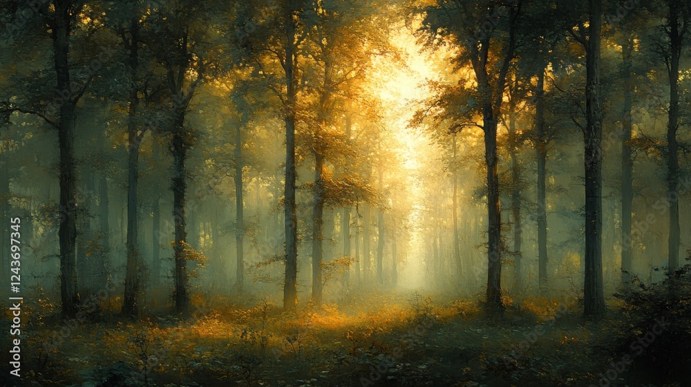 Tranquil forest bathed in soft sunlight, earthy tones blending harmoniously, evoking peace and natural serenity. Tranquil forest bathed in soft sunlight, earthy tones blending harmoniously, evoking peace and natural serenity.